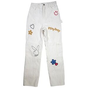 Playboy by PacSun Denim Shorts 25 White Bunny Logo Smiley Floral Graphic